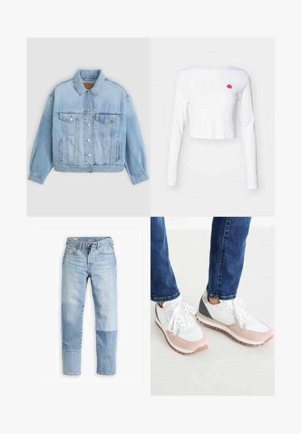 Lys blå denimjakke med klassisk krave, knaplukning, to brystlommer, afslappet pasform og synlige syningsdetaljer.; Hvid cropped langærmet top lavet af blødt stof, med en lille pink rose broderet på venstre bryst. Simpelt design, ingen mønstre.; Lyseblå denimjeans med et unikt paneldesign med varierende nuancer og teksturer. Klassisk fem-lomme stil med lynlås.; Hvide og lyserøde sneakers med grå accenter, der har en overdel i ruskind og mesh, gummisål og runde snørebånd.