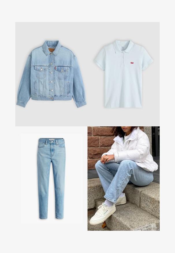 Heledad sinine denimpusak, millel on klassikaline krae, nööbid, kaks rinna taskut, lõdva istuvusega ja nähtavad õmblemise detailid.; Hele sinine lühikeste varrukatega polo-särk, millel on kolm nööpi ja väikese punase Levi's logo vasakul rinnal.; Heledsinine kõrge vöökohaga teksapüksid eesmistest taskutest, vöökummidest, nööbilt sulgemisest ja kitsenevatest jalgadest valgel taustal.; Valge puffjakker kõrge kraega, helesinised denimide teksased ja valged Reeboki tossud. Taustal tekstuuriga kividest astmed.
