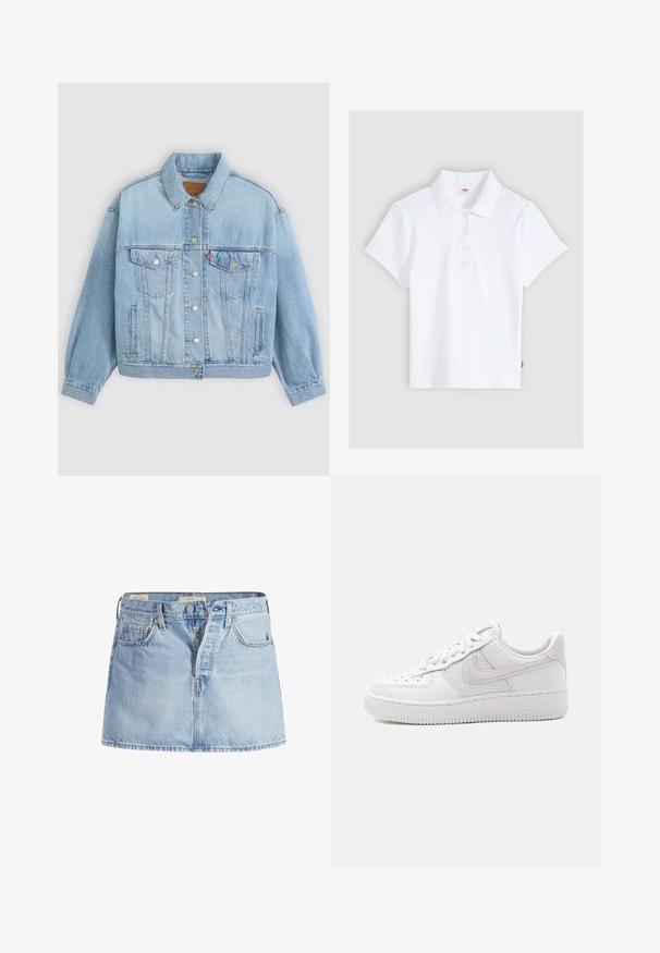 Lys blå denimjakke med klassisk krave, knaplukning, to brystlommer, afslappet pasform og synlige syningsdetaljer.; Hvid kortærmet ribbet poloshirt med krave og fire knapper, lagt fladt ud på en lysegrå baggrund.; Lysblå denimnederdel med et tætsiddende talje, fem-pockets design, frontknaplukning og subtile falmede områder i stoffet.; Hvid Nike Air Force 1 sneaker med lavt snit, hvide snørebånd, perforeringer på tåboksen og netpanel bag Nike swoosh-logoet.