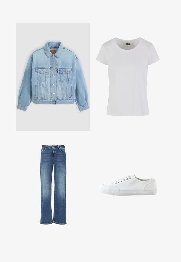 Chaqueta de mezclilla azul clara con un collar clásico, cierre de botones, dos bolsillos en el pecho, corte relajado y costuras visibles.; Camiseta blanca de manga corta hecha de algodón. Presenta un escote redondeado y una forma ajustada. La etiqueta dice "URBAN CLASSICS."; Jeans de mezclilla azul de pierna ancha con un lavado deslavado, cierre de botón y diseño de cinco bolsillos. Presenta un corte recto y holgado.; Zapatilla blanca de lona de corte bajo con cordones blancos y suela de goma, mostrada de lado sobre un fondo blanco.