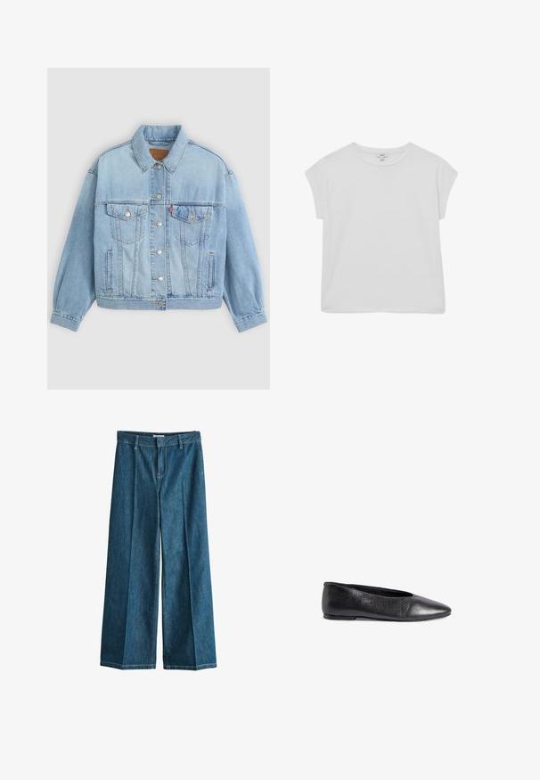 Veste en denim bleu clair avec un col classique, fermeture boutonnée, deux poches poitrine, coupe décontractée et détails de couture visibles.; T-shirt blanc à manches courtes avec col rond, coupe ample et épaules légèrement tombantes, présenté à plat sur fond blanc.; Jean bleu à jambes larges avec passants de ceinture, fermeture éclair avant et coutures verticales discrètes de chaque côté.; Ballerine plate en cuir noir avec un bout pointu, une texture lisse, un design minimaliste et un petit talon pour la stabilité.