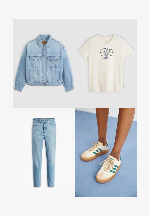 Hellblaue Jeansjacke mit klassischem Kragen, Knopfverschluss, zwei Brusttaschen, lässiger Passform und sichtbaren Nähten.; Weißes Levi's T-Shirt mit kurzen Ärmeln, auf der Brust mit einer Grafik blauer Cowboy-Stiefel und "LEVI'S 1873" bedruckt.; Helle blaue, hoch geschnittene Jeans mit Fronttaschen, Gürtelschlaufen, Knopfverschluss und schmal zulaufenden Beinen vor einem weißen Hintergrund.; Beige Sneakers mit dunkelgrünen Streifen, Gummisohle, Obermaterial aus Wildleder und Textil sowie neutralen Hardwareteilen, kombiniert mit braunen Socken auf einer hellblauen Oberfläche.