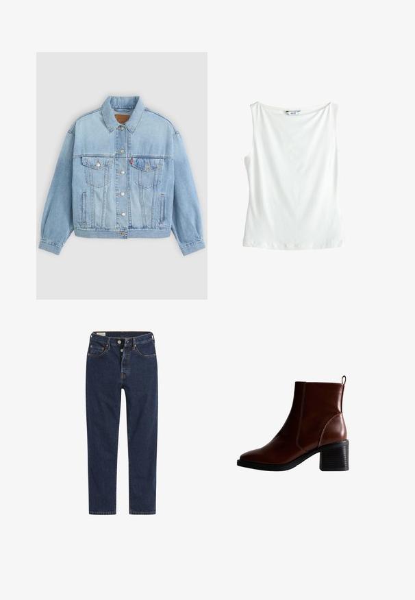 Hellblaue Jeansjacke mit klassischem Kragen, Knopfverschluss, zwei Brusttaschen, lässiger Passform und sichtbaren Nähten.; Ärmelloses weißes Baumwoll-Top mit Bootsausschnitt und einem kleinen "NEXT" Markenetikett am hinteren Kragen.; Dunkelblaue Denim-Jeans mit geradem Bein, mit Kupfernähten und klassischem Fünf-Taschen-Design, Knopfverschluss und Gürtelschlaufen.; Braune Leder-Ankle-Boots mit quadratförmiger Spitze und seitlicher Naht, einem 7,5 cm hohen Blockabsatz und einem Ziehhilfen an der Rückseite für einfaches An- und Ausziehen.