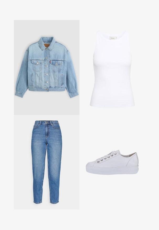 Veste en denim bleu clair avec un col classique, fermeture boutonnée, deux poches poitrine, coupe décontractée et détails de couture visibles.; Débardeur blanc côtelé avec un col rond et sans manches. Tissu extensible et design ajusté. Étiquette au dos indiquant "GESTUZ."; Jean en denim bleu avec une taille haute, coupe droite et décolorations subtiles. Style classique à cinq poches avec fermeture à bouton.; Baskets blanches en cuir au toucher lisse, à bout arrondi et semelle blanche surélevée. Présentent des œillets en métal argenté et des lacets plats.