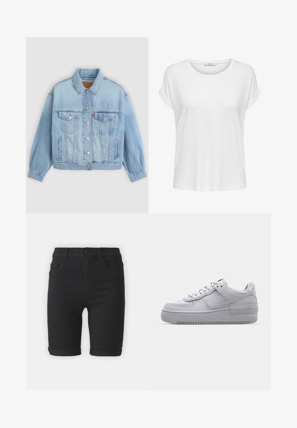 Lys blå denimjakke med klassisk krave, knaplukning, to brystlommer, afslappet pasform og synlige syningsdetaljer.; Hvid kortærmet t-shirt lavet af blød bomuld. Har en rund halsudskæring og rullede ærmer. Enkel design uden mønstre eller accenter.; Sorte denim shorts med lige skæring, med oprullede kanter, forlommer og knaplukning. Glat overflade og minimalistisk design.; Grå Nike Air Force 1 sneakers med perforeret tå, glat læderoverdel, tyk sål og præget 'AIR' detalje på hælen.