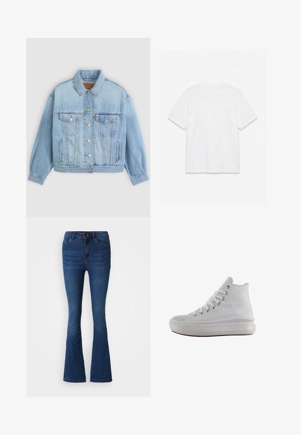 Chaqueta de mezclilla azul clara con un collar clásico, cierre de botones, dos bolsillos en el pecho, corte relajado y costuras visibles.; Camiseta blanca lisa de manga corta con cuello redondo, colocada plana sobre un fondo blanco.; Jeans de mezclilla de campana en azul oscuro con bolsillos delanteros y traseros, cierre de botón y cremallera, y detalles desgastados en los muslos y las rodillas.; Zapatilla de lona blanca de caña alta con cordones blancos, ojales metálicos, suela gruesa de goma y puntera texturizada, mirando hacia la izquierda sobre un fondo blanco.