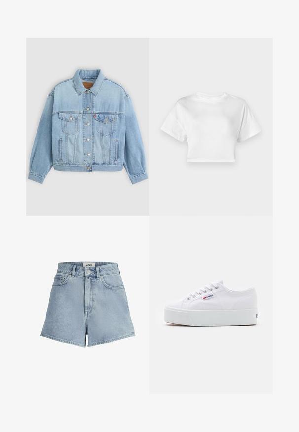 Lys blå denimjakke med klassisk krave, knaplukning, to brystlommer, afslappet pasform og synlige syningsdetaljer.; Hvid cropped t-shirt lavet af bomuld. Korte ærmer, rund halsudskæring, glat tekstur, afslappet design uden mønstre eller pynt.; Denimshorts i lys blå, med høj talje, fem-lomme design og frontknaplukning. Glat tekstur med klassisk snit.; Hvide canvas sneakers med en tyk hvid platformssål, rund tå og metaløjelets til snørebånd. Mærkets logo præsenteret på siden.