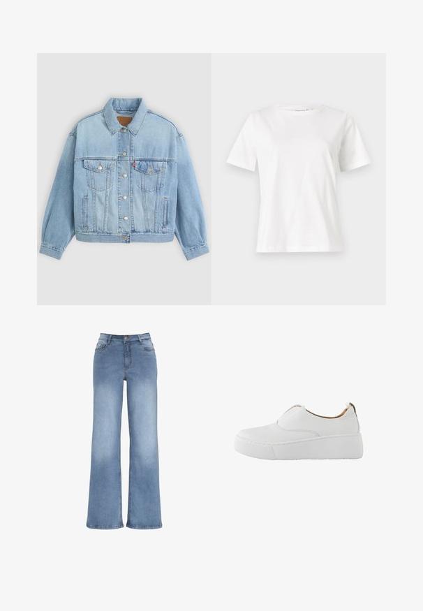 Lys blå denimjakke med klassisk krave, knaplukning, to brystlommer, afslappet pasform og synlige syningsdetaljer.; Hvid bomulds t-shirt med korte ærmer, rund halsudskæring og en afslappet pasform. Glat tekstur, ingen mønstre eller accenter, minimalistisk design.; Lyseblå vidde jeans lavet af denim. Har en knaplukning, fem lommer og syninger i kontrast. Glat overflade med en let falma.; Hvid slip-on sneaker med tyk platformsål og rundet tå, designet til afslappet brug.