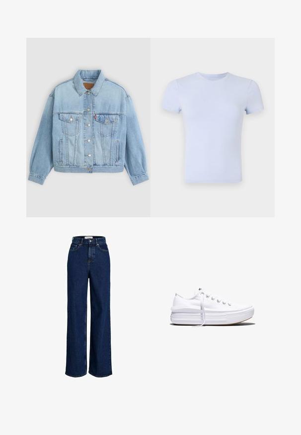 Veste en denim bleu clair avec un col classique, fermeture boutonnée, deux poches poitrine, coupe décontractée et détails de couture visibles.; Good American SUPER STRETCH BABY TEE - T-shirt basique - periwinkle; Jean large taille haute bleu foncé avec poches avant, passants pour ceinture, fermeture par bouton et détails de coutures visibles.; Baskets basses blanches en toile avec semelle plateforme épaisse, lacets sur le devant et embout en caoutchouc texturé, vues de profil.
