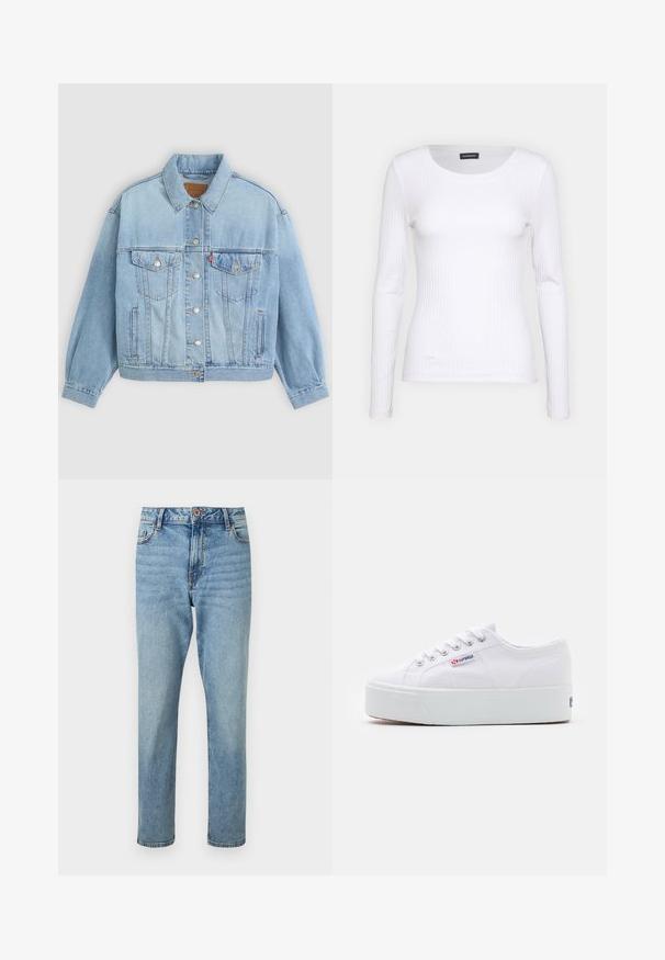 Hellblaue Jeansjacke mit klassischem Kragen, Knopfverschluss, zwei Brusttaschen, lässiger Passform und sichtbaren Nähten.; Weißes geripptes Langarmoberteil mit Rundhalsausschnitt. Aus einem dehnbaren Stoff gefertigt, der den Körper umschmeichelt. Verfügt über dezente horizontale Streifen.; Hellblaue, hoch taillierte Jeans mit geradem Bein, vorne mit Knopf- und Reißverschluss, vorderen Taschen und dezenten ausgewaschenen Details.; Weiße Leinenschuhe mit einer dicken weißen Plattformsohle, runder Zehenpartie und Metallösen für die Schnürsenkel. Markenlogo an der Seite angebracht.