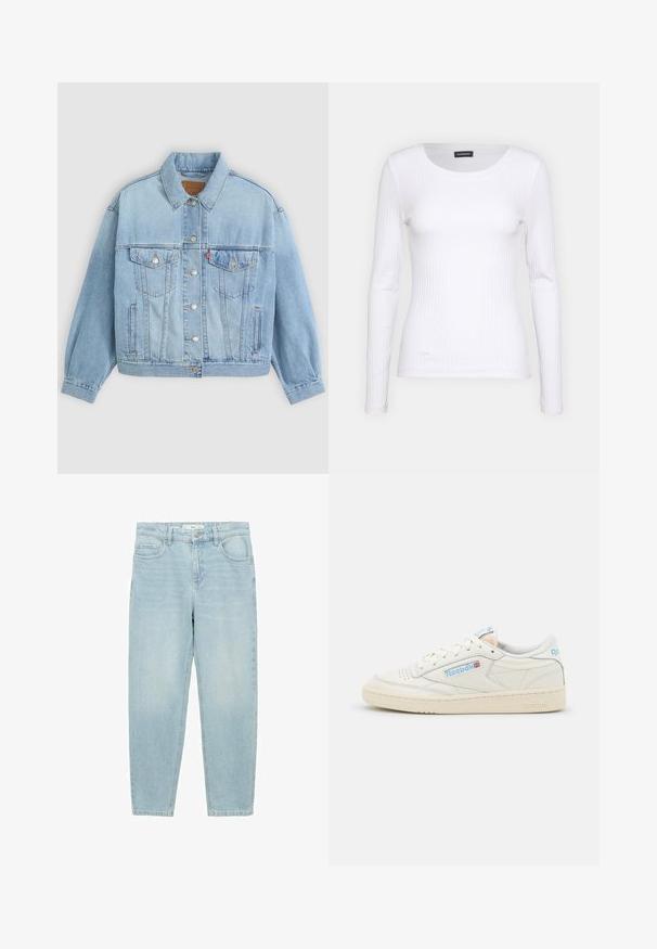 Lichtblauwe denim jacket met een klassieke kraag, knoopsluiting, twee borstzakken, een ontspannen pasvorm en zichtbare stiksels.; Witte geribbelde langemouwen top met een ronde halslijn. Gemaakt van een rekbare stof die het lichaam volgt. Heeft subtiele horizontale lijnen.; Lichtblauwe denim jeans met een recht model, vijf-pocket ontwerp, knopen sluiting aan de voorkant en een licht vervaagde textuur.; Reebok sneakers in off-white leer met lichtblauwe accenten. Beschikt over een geperforeerde neus, platte veters en een getextureerde rubberen zool.