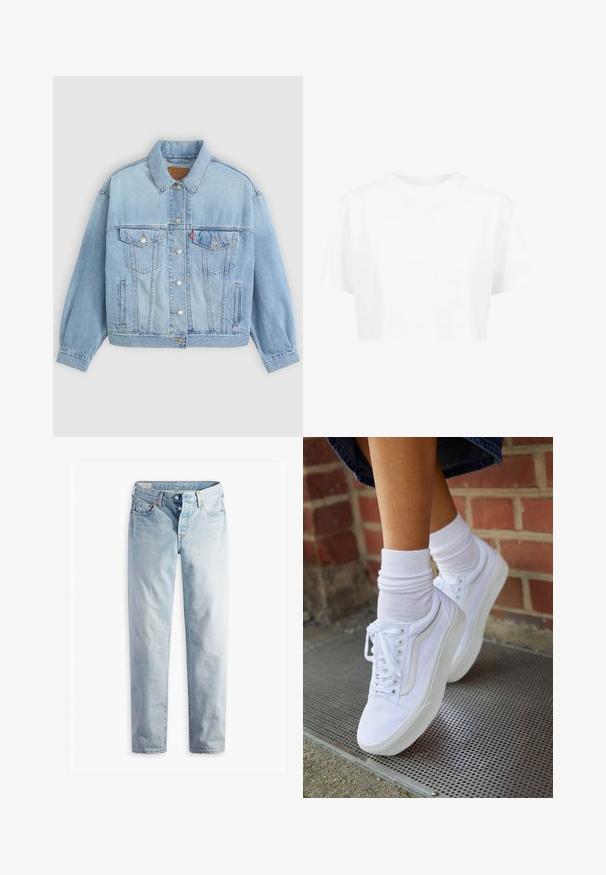 Lys blå denimjakke med klassisk krave, knaplukning, to brystlommer, afslappet pasform og synlige syningsdetaljer.; Hvid cropped t-shirt, korte ærmer, rund halsudskæring, lavet af blødt stof, uden synlige mønstre eller distinkt hardware.; Lyseblå denimjeans med lige ben, fem lommer og metal-knapper i en standard livvidde.; Hvide lærreds sneakers med gummisåler, der har seks snørehuller, rund tå og let sømdetaljer, krydret med hvide ankelstrømper.