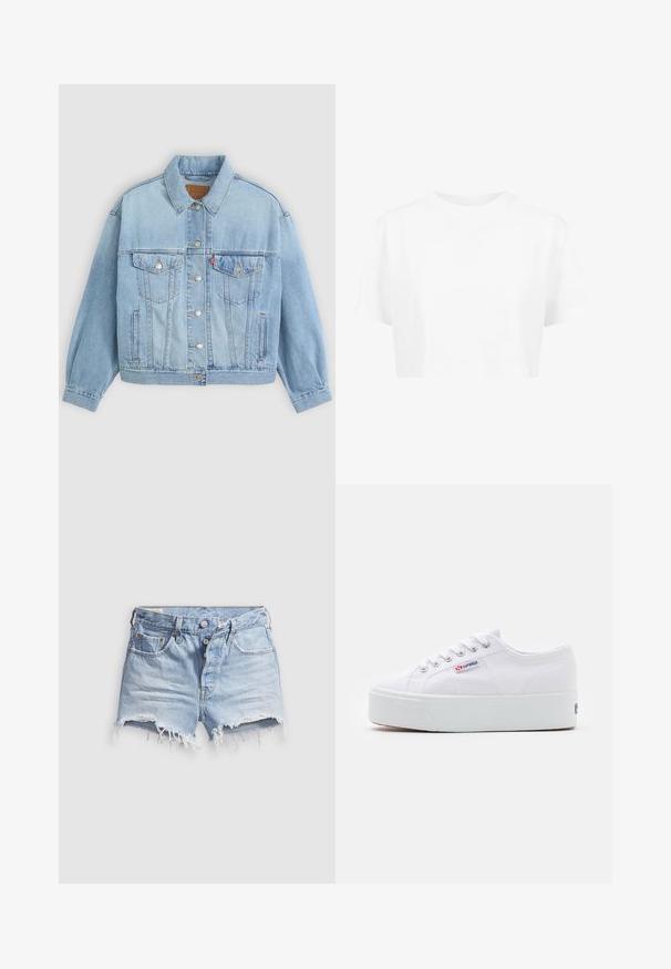 Veste en denim bleu clair avec un col classique, fermeture boutonnée, deux poches poitrine, coupe décontractée et détails de couture visibles.; T-shirt blanche raccourcie, à manches courtes, col rond, en tissu lisse, sans motifs visibles ni quincaillerie distincte.; Shorts en denim bleu clair avec bords effilochés, cinq poches et fermeture à boutons. La texture est douce avec un aspect légèrement usé.; Baskets en toile blanches avec une épaisse semelle plateforme blanche, bout rond et œillets en métal pour les lacets. Logo de la marque affiché sur le côté.