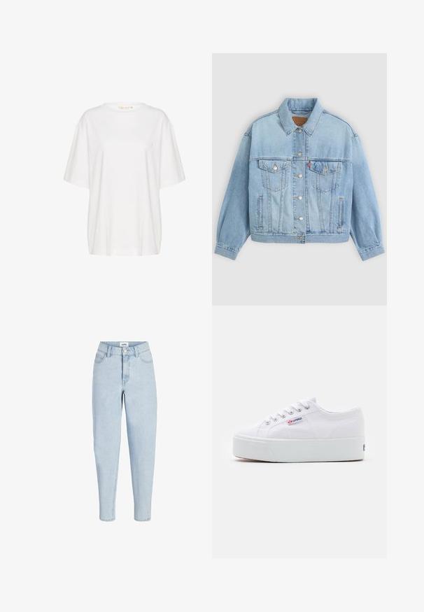 Chaqueta de mezclilla azul clara con un collar clásico, cierre de botones, dos bolsillos en el pecho, corte relajado y costuras visibles.; Camiseta de manga corta blanca, confeccionada en algodón suave. Presenta un escote redondo y un discreto detalle de logo en el lado izquierdo del pecho. Diseño de corte recto.; Vaqueros de tiro alto en azul claro con botón y cremallera frontal, estilo de cinco bolsillos y piernas entalladas.; Zapatilla de lona blanca con una gruesa suela de plataforma blanca, punta redonda y ojales de metal para los cordones. Logotipo de la marca mostrado en el lateral.