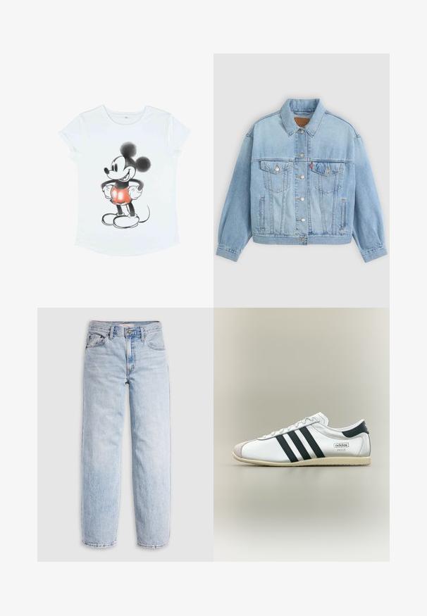 Hellblaue Jeansjacke mit klassischem Kragen, Knopfverschluss, zwei Brusttaschen, lässiger Passform und sichtbaren Nähten.; Weißes T-Shirt mit kurzen Ärmeln, das ein Grafikdesign von Mickey Mouse zeigt, illustriert in Schwarz und Rot, mit übergroßen Ohren und runden Schuhen.; Hellblaue Jeans aus Denim mit hoher Taille, lockerem Schnitt, geraden Beinen und klassischem Fünf-Taschen-Design. Sichtbare Verblassung und Nahtdetails.; Weißer Adidas Paris Sneaker mit schwarzen Streifen, beiger Sohle und Wildleder-Zehenkappe, von der Seite auf neutralem Hintergrund gezeigt.