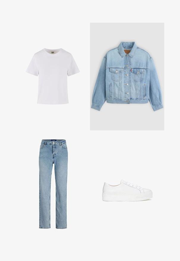 Veste en denim bleu clair avec un col classique, fermeture boutonnée, deux poches poitrine, coupe décontractée et détails de couture visibles.; T-shirt en coton blanc à manches courtes, avec un col rond et une coupe droite. Texture lisse, design simple, sans motifs ni accents visibles.; Jean taille haute bleu clair avec une coupe droite, fabriqué en denim. Comprend cinq poches et des détails de couture subtils.; Sneaker en cuir blanc avec une surface lisse, un bout rond et une semelle plate. Doté d'un système de fermeture à lacets et de détails de couture subtils.