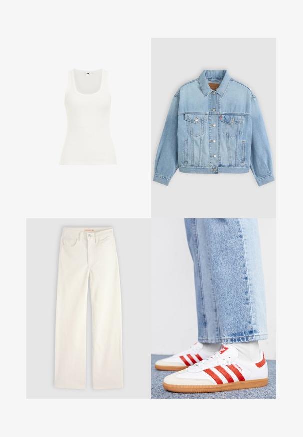 Lys blå denimjakke med klassisk krave, knaplukning, to brystlommer, afslappet pasform og synlige syningsdetaljer.; Hvid ribbet tanktop med rund halsudskæring og brede stropper. Stoffet ser strækbart og tætsiddende ud, velegnet til lag-på-lag eller afslappet brug.; Offwhite jeans med lige ben, forlommer, bæltestropper og knaplukning på ensfarvet baggrund.; Hvide lædersneakers med røde striber og accenter. Har en tekstureret gummisål og polstret krave. Bæres med lyseblå denim.