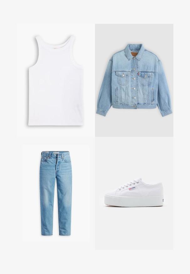 Lichtblauwe denim jacket met een klassieke kraag, knoopsluiting, twee borstzakken, een ontspannen pasvorm en zichtbare stiksels.; Witte katoenen tanktop met brede schouderbanden, een ronde halslijn en een gladde, geribbelde textuur. Geen patronen of accenten aanwezig.; Lichtblauwe denim jeans met hoge taille en rechte pijpen, met knopenlijst en vijf zakken ontwerp, plat weergegeven op een witte achtergrond.; Witte canvas sneaker met een dikke witte platformzool, ronde neus en metalen oogjes voor veters. Merkl logo aan de zijkant weergegeven.