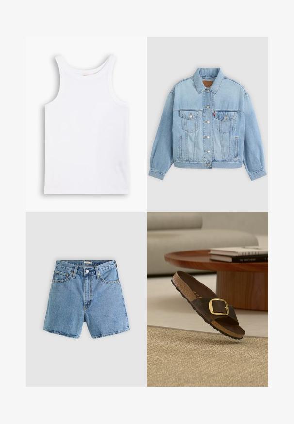 Lichtblauwe denim jacket met een klassieke kraag, knoopsluiting, twee borstzakken, een ontspannen pasvorm en zichtbare stiksels.; Witte katoenen tanktop met brede schouderbanden, een ronde halslijn en een gladde, geribbelde textuur. Geen patronen of accenten aanwezig.; Lichtblauwe denimshort met voorste knoop en ritssluiting, riemlussen en een ontwerp met vijf zakken tegen een effen achtergrond.; Bruine suède slide-sandaal met een grote gouden gesp, kurken voetbed en zwarte zool tegen een beige tapijt en houten salontafel als achtergrond.