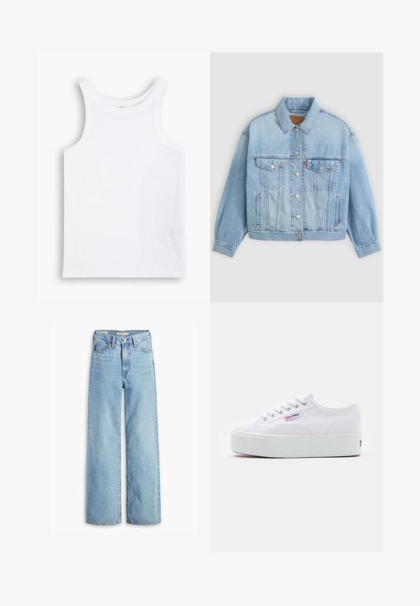 Lys blå denimjakke med klassisk krave, knaplukning, to brystlommer, afslappet pasform og synlige syningsdetaljer.; Hvid bomulds tanktop med brede skulderstropper, en rund halsudskæring og en glat, ribbet tekstur. Ingen mønstre eller detaljer til stede.; Højtaljede, lyseblå, vide bukser med knap og lynlås fortil, bæltestropper og fem lomme-stil.; Hvide canvas sneakers med en tyk hvid platformssål, rund tå og metaløjelets til snørebånd. Mærkets logo præsenteret på siden.