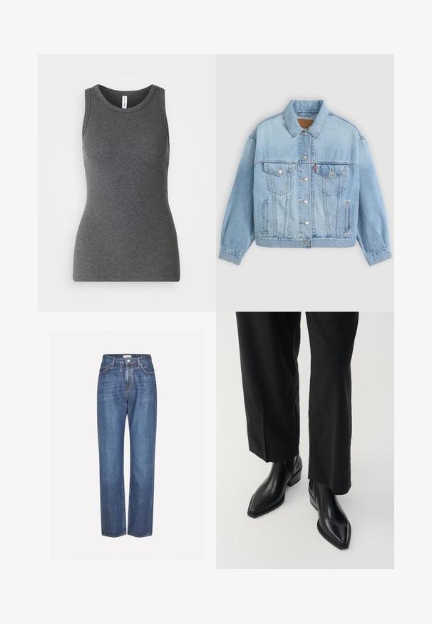 Veste en denim bleu clair avec un col classique, fermeture boutonnée, deux poches poitrine, coupe décontractée et détails de couture visibles.; Débardeur gris sans manches en matière côtelée ; doté d'un col rond et d'une coupe ajustée. Sans motifs ni accents supplémentaires.; Jean en denim bleu clair avec une coupe droite, présentant une fermeture à bouton, un style à cinq poches et un léger dégradé sur le tissu.; Bottes noires en cuir à la cheville avec un bout pointu, texture lisse et un talon carré. Associées à un pantalon noir à jambes larges, elles créent une silhouette élégante.