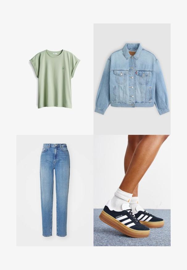 Lichtblauwe denim jacket met een klassieke kraag, knoopsluiting, twee borstzakken, een ontspannen pasvorm en zichtbare stiksels.; Lichtgroene katoenen t-shirt met een relaxte pasvorm, opgerolde korte mouwen en een klein rond logo op de linkerborst.; Lichtblauwe hoge taille jeans met rechte pijpen. Gemaakt van denim, met vijf zakken en een knoopsluiting aan de voorkant. Soepele textuur.; Ben met witte sokken en zwarte Adidas Gazelle sneakers met witte strepen en dikke bruine zolen op een grijs tapijt.