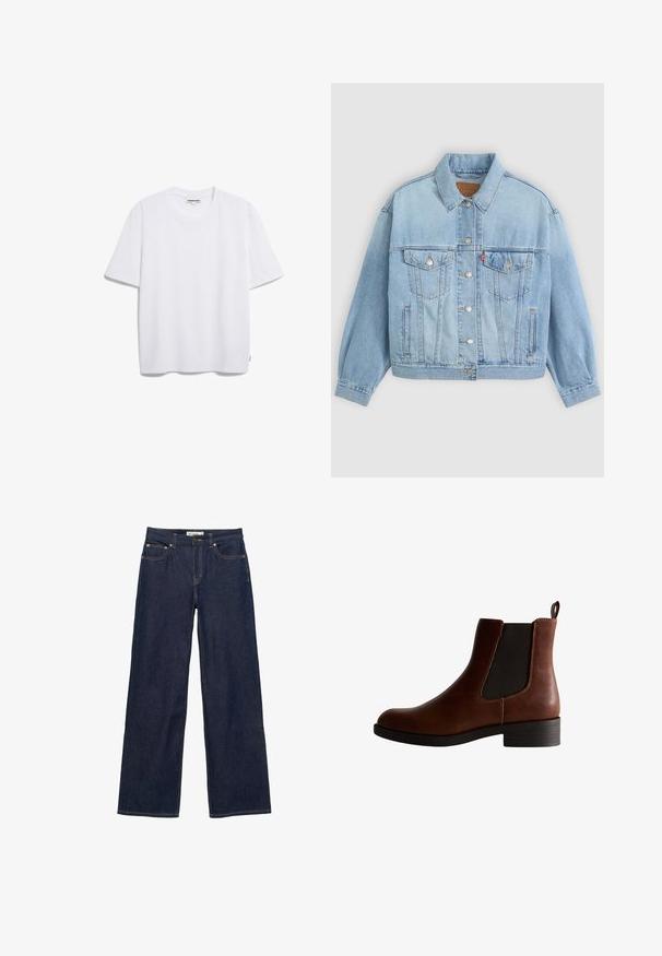 Lys blå denimjakke med klassisk krave, knaplukning, to brystlommer, afslappet pasform og synlige syningsdetaljer.; Hvid bomulds t-shirt med korte ærmer, rund halsudskæring og en afslappet pasform. Ingen synlige mønstre eller logoer. Glat tekstur.; Mørkeblå straight-leg denim jeans med for- og møntlomme, knaplukning og synlige sømme på hvid baggrund.; Brun læder ankelstøvle med elastiske sidepaneler, rund tå og en lav blockhæl. Har kontrastsyngninger og en pull-tab.