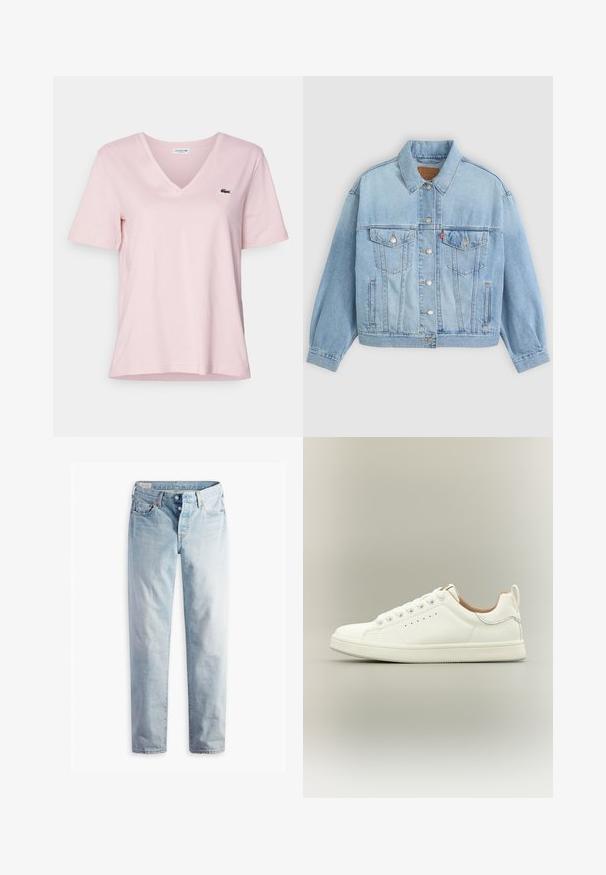 Lichtblauwe denim jacket met een klassieke kraag, knoopsluiting, twee borstzakken, een ontspannen pasvorm en zichtbare stiksels.; Lichtroze katoenen t-shirt met een v-hals en korte mouwen, voorzien van een klein groen geborduurd krokodillogo op de linkerborst.; Lichtblauwe spijkerbroek met een rechte pijp, vijf zakken en metalen knoopsluitingen op een standaard tailleband.; Witte lage sneaker met veters, geperforeerde details aan de zijkant en een trek lus op de hiel, tegen een neutrale achtergrond.