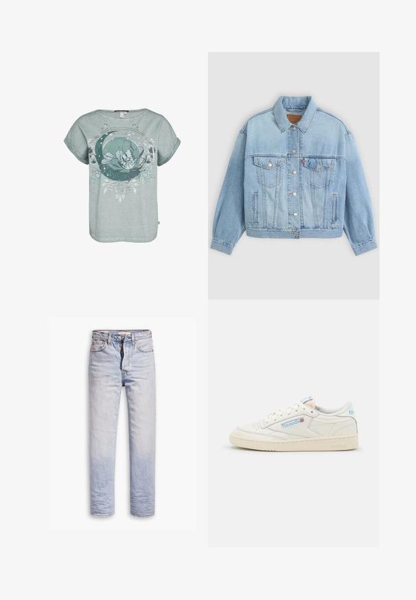 Veste en denim bleu clair avec un col classique, fermeture boutonnée, deux poches poitrine, coupe décontractée et détails de couture visibles.; T-shirt à manches courtes, bleu sarcelle clair, avec un motif floral et un croissant de lune. Texture douce avec une coupe décontractée et des manches roulées.; Jean en denim bleu clair avec une coupe droite, dotés d'une fermeture à boutons, de cinq poches et d'un léger délavage sur les jambes.; Baskets Reebok en cuir blanc cassé avec des accents bleu clair. Présentent une pointe perforée, des lacets plats et une semelle en caoutchouc texturé.