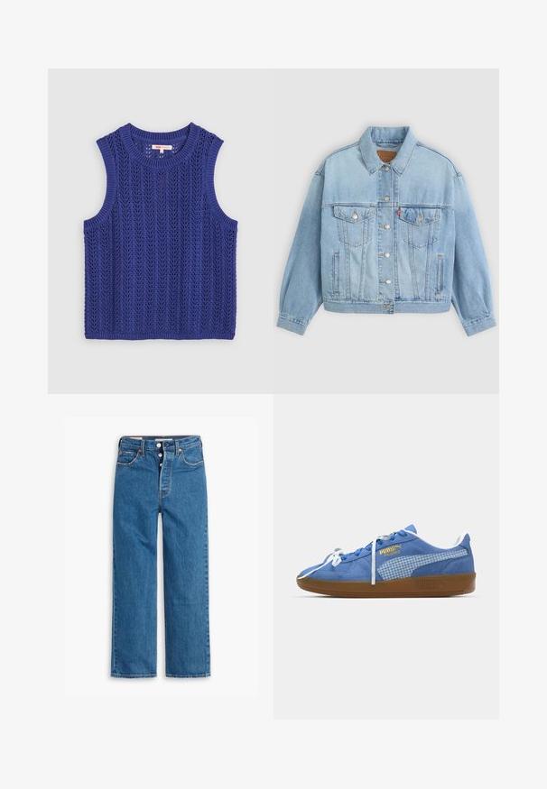 Heledad sinine denimpusak, millel on klassikaline krae, nööbid, kaks rinna taskut, lõdva istuvusega ja nähtavad õmblemise detailid.; Kootud ilma varrukateta topp erksas lillases, millel on tekstuuriga muster, ümmargune kaelus ja soonikkoes servad.; Sinine denim sirgeda pükste talu kõrge vöökoht, viie taskuga disain ja nööbiga sulgemine. Silmapaistvad õmblused ja vase tooni nurgad.; Sinine sametist toss, millel on valged paelad ja ruuduline külgpaneel. Omab pruuni kummist tallat ja kuldset logodekoratsiooni.