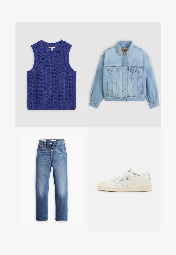 Lys blå denimjakke med klassisk krave, knaplukning, to brystlommer, afslappet pasform og synlige syningsdetaljer.; Strikket ærmeløs top i livlig lilla, med et struktureret mønster, rund halsudskæring og ribbede kanter.; Blå denim jeans med høj talje, lige ben og udtværede områder. Har forlommer og metalbeslag.; Reebok sneakers i off-white læder med lyseblå detaljer. Har perforeret tå, flade snørebånd og tekstureret gummisål.
