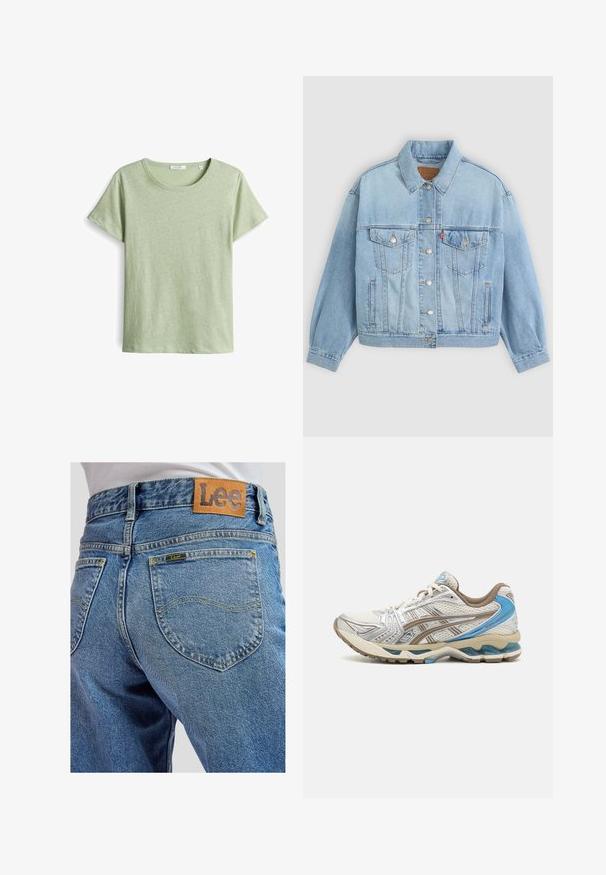 Lichtblauwe denim jacket met een klassieke kraag, knoopsluiting, twee borstzakken, een ontspannen pasvorm en zichtbare stiksels.; Groen T-shirt met korte mouwen van een gestructureerde stof, met een ronde halslijn en rechte snit. Eenvoudig ontwerp zonder extra patronen.; Blauwe spijkerbroek met achterzakken met gele stiksels en een bruin leren Lee-merkpatch op de tailleband.; Witte en beige hardloopschoen met blauwe accenten, mesh bovenwerk, gewatteerde zool en vetersluiting, getoond vanaf de buitenkant.