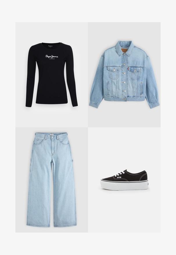 Chaqueta de mezclilla azul clara con un collar clásico, cierre de botones, dos bolsillos en el pecho, corte relajado y costuras visibles.; Camiseta de manga larga negra hecha de algodón, con cuello redondo y logo blanco "Pepe Jeans LONDON" en el centro.; Vaqueros de mezclilla azul claro de pierna ancha con bolsillos delanteros, trabillas para cinturón y anillas laterales para herramientas, extendidos sobre un fondo gris.; Zapatilla de lona negra con suela de plataforma de goma blanca, que presenta cordones y costuras blancas, con branding icónico en el lateral, diseño de corte bajo.