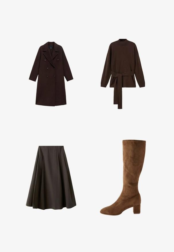 Brun uldblandingsfrakke med dobbeltradet design, store reverser og seks runde knapper. Lange ærmer med lige kanter.; Brun strikket sweater med høj hals, lange ærmer og en matchende taljebind. Blød tekstur og afslappet pasform.; Sort A-formet nederdel med høj talje og vid nederste kant, lavet af glat stof, vist mod en hvid baggrund.; Brun ruskind knæhøj støvle med spids tå og blokhæl. Glat tekstur med minimal syningsdetalje. Klassisk og enkel design.