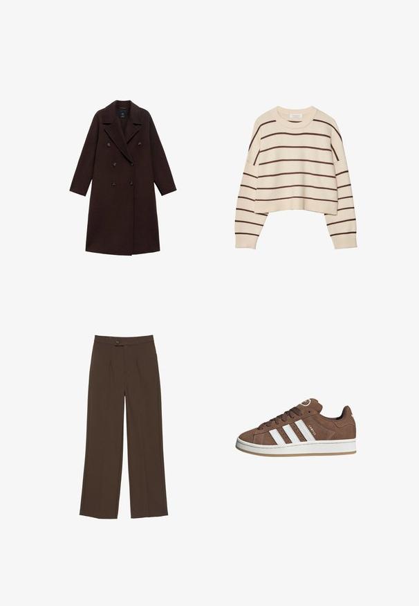 Brun uldblandingsfrakke med dobbeltradet design, store reverser og seks runde knapper. Lange ærmer med lige kanter.; Creme sweater med brune vandrette striber, med rund halsudskæring, cropped nederste kant og ribbede manchetter. Blødt strikket materiale.; Brune bukser med vide ben, med frontknap og skjult lynlås, med pressede folder langs benene.; Brune ruskinds sneakers med hvide læderstriber, gummisål, rund tå og snørebåndsfront. Har et logo på tungen og perforerede detaljer.