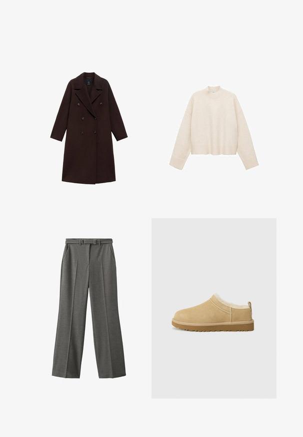 Brun uldblandingsfrakke med dobbeltradet design, store reverser og seks runde knapper. Lange ærmer med lige kanter.; Cremefarvet pullover trøje lavet af blødt stof, med høj hals, sænket skuldre og en cropped design med ribbede kanter.; Grå, brede bukser lavet af tekstureret stof. Har et bælte med en rektangulær spænde og to sidelommer. Skræddersyet pasform.; Suede slip-on sko i lys tan, med en blød pelsforing og tekstureret gummisål med en let hæl og bagestrop for nem påklædning.