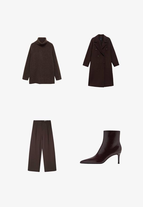 Brun uldblandingsfrakke med dobbeltradet design, store reverser og seks runde knapper. Lange ærmer med lige kanter.; Brun turtle neck sweater lavet af blødt strikstof. Har lange ærmer og en afslappet pasform med høj krave for ekstra varme.; Brune bukser med brede ben og lodrette nålestriber, med høj talje, plisseret front og en glat tekstur. Ingen synlige lukninger eller lommer.; Bordeaux læder ankelstøvle med spids tå, slankt design og høj stilettohæl. Glat tekstur med subtile korndetaljer.