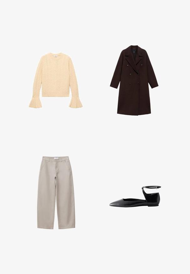 Brun uldblandingsfrakke med dobbeltradet design, store reverser og seks runde knapper. Lange ærmer med lige kanter.; Cremefarvet strikket sweater med kabelmønster, rund hals og udvidede ærmer, lagt fladt på en hvid baggrund.; Beige bukser med vide ben og høj talje, der har sidelommer og en glat bomuldsblanding. Ingen synlige mønstre eller detaljer.; Sort spids flad sko med lukket hæl og tynd ankelrem med spænde på hvid baggrund.