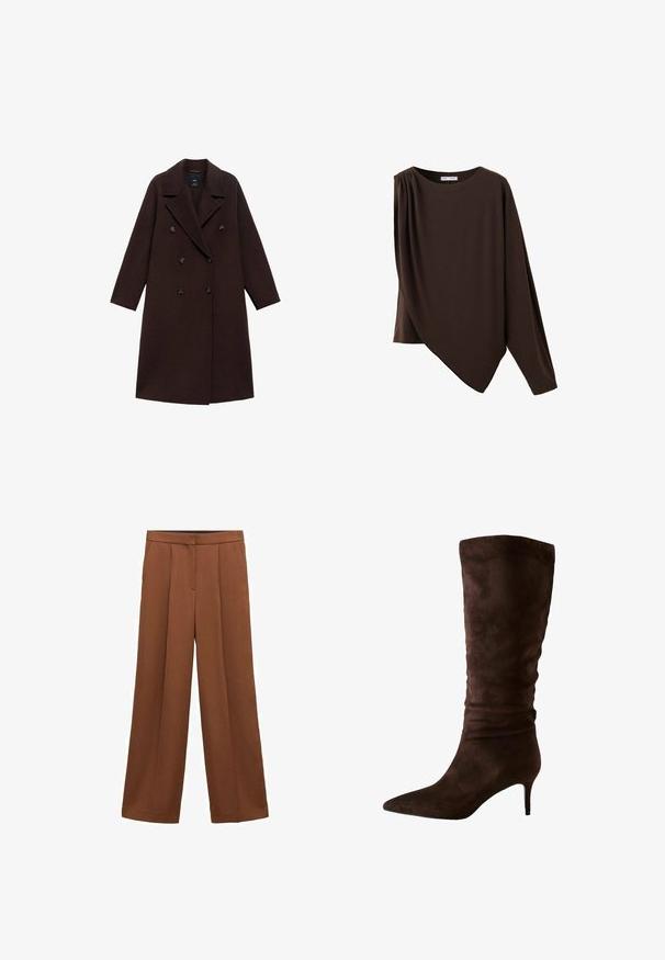 Manteau en mélange de laine marron avec un design croisé, grands revers et six boutons ronds. Manches longues avec des ourlets droits.; Haut asymétrique marron foncé à manches longues avec un col rond et un détail froncé sur une épaule.; Pantalon large marron taille haute avec plis à l'avant et poches latérales, doté d'une fermeture éclair dissimulée à l'avant et d'une fermeture au niveau de la ceinture.; Botte en daim brun jusqu'au genou avec un bout pointu et un talon fin. Le design présente une texture froncée près du haut pour un détail supplémentaire.