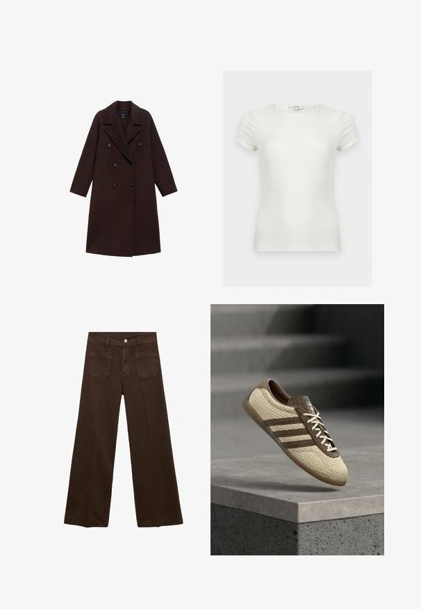 Manteau en mélange de laine marron avec un design croisé, grands revers et six boutons ronds. Manches longues avec des ourlets droits.; T-shirt ajusté blanc uni à manches courtes avec encolure ronde, présenté sur un fond neutre.; Jeans larges marron en denim, avec une taille haute, deux poches arrière et une fermeture à bouton à l'avant. Texture lisse, forme droite.; Baskets tissées beige et marron avec trois bandes et lacets blancs, flottant au-dessus d'un rebord en béton avec des escaliers en arrière-plan.
