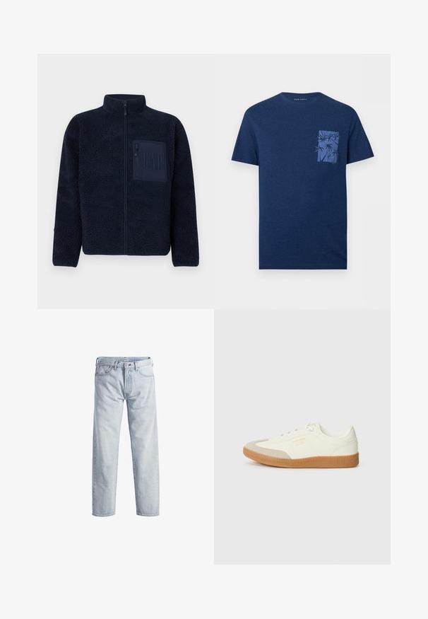 Marineblaue Fleece-Jacke mit Reißverschluss, hohem Kragen und verschließbarer Brusttasche mit geprägtem GAP-Logo.; Marineblaues T-Shirt mit kurzen Ärmeln, Rundhalsausschnitt und kleiner Brusttasche mit blauem Palmen-Grafikdruck.; Hellblaue Denim-Jeans mit geradem Bein, Knopfleiste, fünf Taschen und subtilen Verwaschungen. Mit metallischen Hardware-Details ausgestattet.; Sneaker aus weißem Leder mit einer beigen Zehenkappe und leichter brauner Gummisohle. Verfügt über flache weiße Schnürsenkel und geprägtes Branding an der Seite.