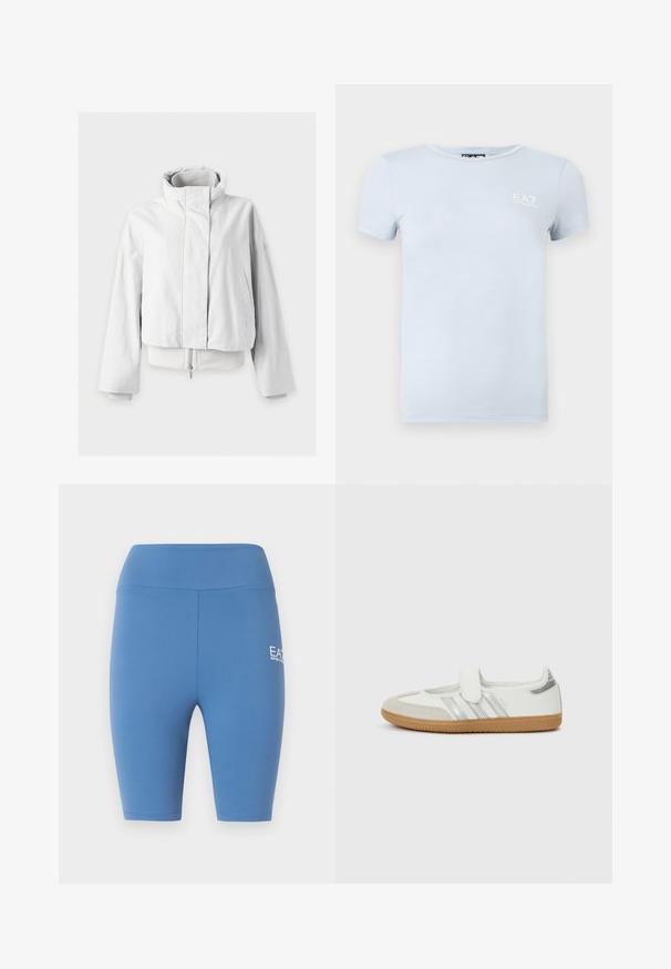 Veste matelassée blanche avec col montant, boutons-pression sur le devant, poches latérales, manches longues et couche intérieure zippée visible à l'ourlet.; T-shirt bleu clair à manches courtes avec col rond, petit logo blanc "EA7 Emporio Armani" sur le haut gauche de la poitrine.; Shorts de cycliste bleu à taille haute avec une ceinture élastique et un petit logo blanc EA7 Emporio Armani sur la cuisse droite.; Baskets blanches avec rayures argentées, embout en daim et bande velcro. Semelle en caoutchouc gomme texturée. Design minimaliste avec une finition lisse.