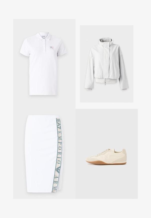 Hvid polstret jakke med høj krave, forreste trykknapper, sidelommer, lange ærmer og synligt indre lynlåslag ved kanten.; Hvid polo t-shirt lavet af bomuld med en to-knaps placket. Har et lille trykt logo patch på venstre bryst og korte ærmer.; Hvid pencilnederdel med lodret Emporio Armani-logo stribe i beige og teal på siden.; Lyse beige sneakers med en tekstureret læderoverdel, teksturerede sider og en gummisål. Har et slankt, strømlinet design og flade snørebånd.