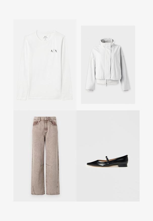 Witte doorgestikte jas met hoge kraag, voorste drukknopen, zijzakken, lange mouwen en zichtbare binnenritssluiting aan de zoom.; Witte longsleeve met ronde hals, met een klein zwart gedrukt logo 'A/X' op de borst. Gladde stof en klassieke snit.; Lange, hoge taille spijkerbroek in lichtbruin, met subtiele textuur, vijf-pocket ontwerp en zichtbare stiksels.; Zwarte gepatineerde leren puntige Mary Jane ballerina met een enkele band en een lage hak op een effen achtergrond.