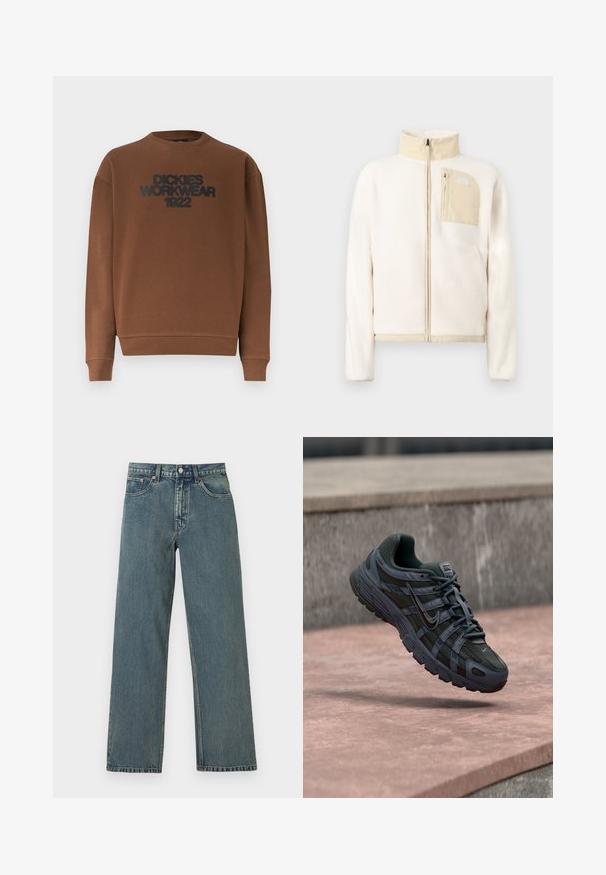 Veste polaire de couleur crème avec des accents beiges, fermeture éclair complète sur le devant et poche poitrine zippée avec un logo sur un fond uni.; Sweat-shirt marron à manches longues avec col rond, poignets et ourlet côtelés, affichant le texte "DICKIES WORKWEAR 1922" en noir sur la poitrine.; Jean denim bleu à coupe droite avec cinq poches, fermeture par bouton et passants pour ceinture sur un fond clair uni.; Chaussure de course Nike gris foncé avec un design en mesh et en synthétique, flottant au-dessus d'une surface en béton rosée avec un fond en pierre grise.