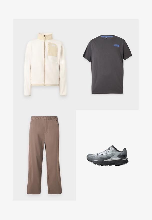 Roomkleurig fleecejack met beige accenten, volledige ritssluiting aan de voorkant en een borstzak met rits voorzien van een logo op een effen achtergrond.; Donkergrijs T-shirt met korte mouwen en ronde hals met een klein blauw The North Face-logo op de linker bovenborst tegen een witte achtergrond.; Loszittende bruine broek met rechte pijpen, een elastische tailleband en knoopsluiting, steekzakken aan de voorkant en een gladde stoftextuur.; Trailrun schoenen met een grijs en zwart kleurenschema, bovenwerk van gaas, stevige zool en gestructureerde accenten voor grip.