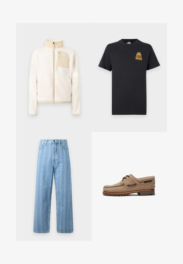 Veste polaire de couleur crème avec des accents beiges, fermeture éclair complète sur le devant et poche poitrine zippée avec un logo sur un fond uni.; T-shirt noir à manches courtes avec un petit motif de grenouille jaune et rouge tenant un ballon de basket sur le côté gauche de la poitrine.; Jean en denim bleu clair avec une coupe large, arborant un motif chaîne répétitif. Style classique à cinq poches avec détails en métal sur le bouton.; Chaussure bateau beige en daim à lacets, semelle robuste, lacets en cuir et col rembourré, avec le logo Timberland sur le côté.