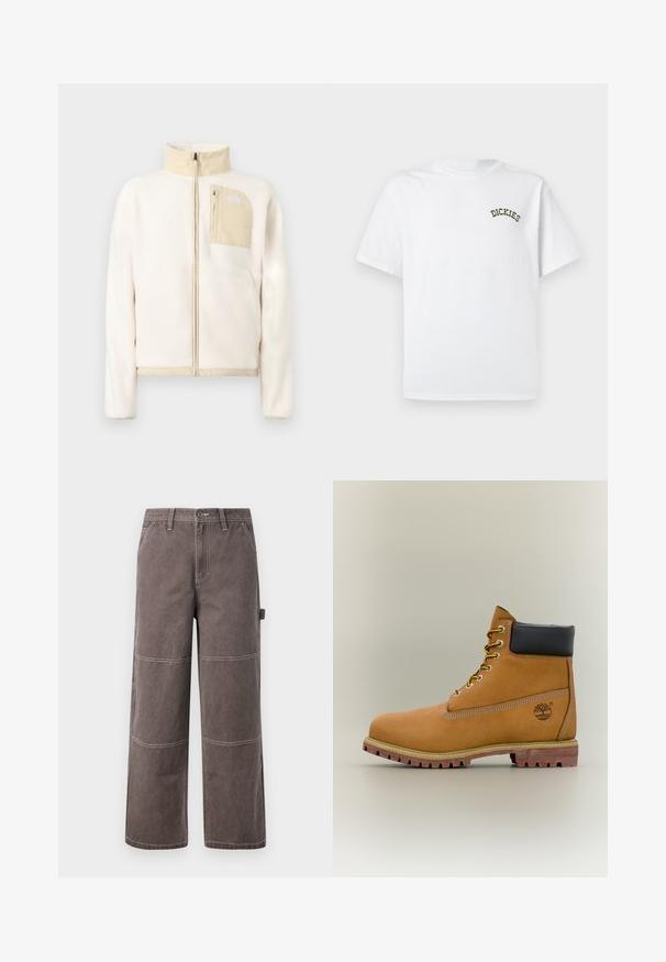 Veste polaire de couleur crème avec des accents beiges, fermeture éclair complète sur le devant et poche poitrine zippée avec un logo sur un fond uni.; T-shirt en coton blanc à manches courtes et col rond. Présente un logo "DICKIES" vert brodé sur la zone gauche de la poitrine.; Pantalons larges de couleur marron délavée, fabriqués en tissu durable avec des coutures contrastées. Présente des détails en panneaux et une poche latérale.; Bottine en cuir marron avec col noir, lacets jaunes et semelle beige. Présente un logo et des détails de couture blanche. Semelle extérieure à traction robuste.