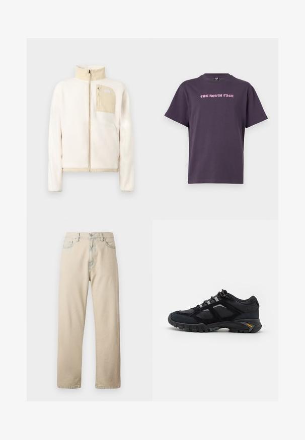 Roomkleurig fleecejack met beige accenten, volledige ritssluiting aan de voorkant en een borstzak met rits voorzien van een logo op een effen achtergrond.; Donkerpaars T-shirt met korte mouwen en een ronde hals, bedrukt met roze gepixelde tekst "THE NORTH FACE" over de borst.; Lichtbeige denim jeans met rechte pijpen, vijf zakken en een knoopsluiting. Heeft subtiele vervagingen in de stof en een klassiek ontwerp.; Zwarte buitenschoen van suede en mesh met een robuuste zool. Voorzien van grijze accenten en Vibram-logo op de zijkant. Vetersluiting.