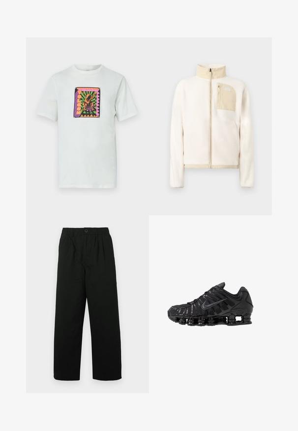 Veste polaire de couleur crème avec des accents beiges, fermeture éclair complète sur le devant et poche poitrine zippée avec un logo sur un fond uni.; T-shirt en coton blanc présentant un graphique coloré en forme de carré avec un design de grenouille et du texte, sur un fond géométrique avec des bords accentués.; Pantalons noirs à jambes larges avec une taille élastique et une fermeture à bouton. Fabriqués en tissu doux, avec une texture subtile et sans motifs.; Chaussures de sport noires en mesh et matériaux synthétiques, présentant un design ondulé distinct, une semelle en caoutchouc noire et des accents réfléchissants.